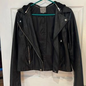 Black leather jacket with soft hood